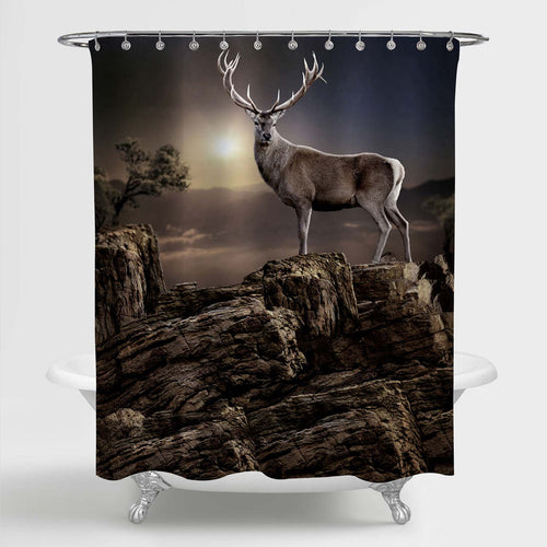 Deer Standing on Mountain Peak Rocks with Sunset Light Background Shower Curtain - Brown