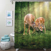Couple Deers Grazing Together in Woods Shower Curtain - Brown Green