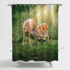 Couple Deers Grazing Together in Woods Shower Curtain - Brown Green
