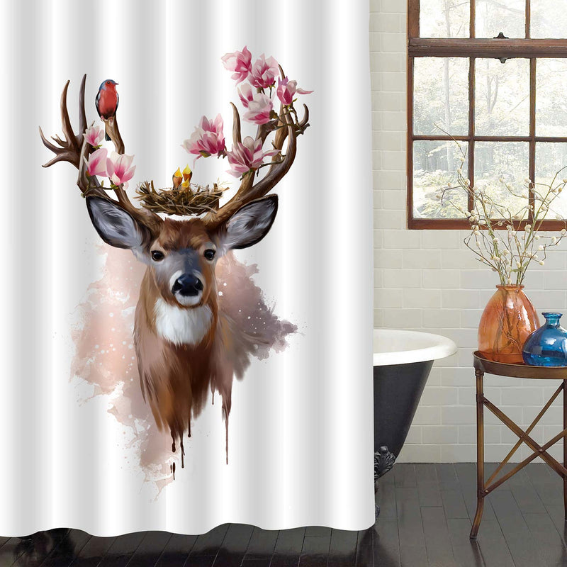 Deer with Red-breasted Bird and Flowers Shower Curtain - Brown