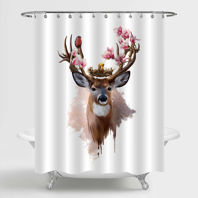 Deer with Red-breasted Bird and Flowers Shower Curtain - Brown