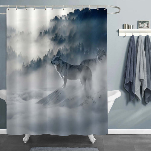 Couple Wolves in a Mist Fogged Mountain Forest Shower Curtain - Grey