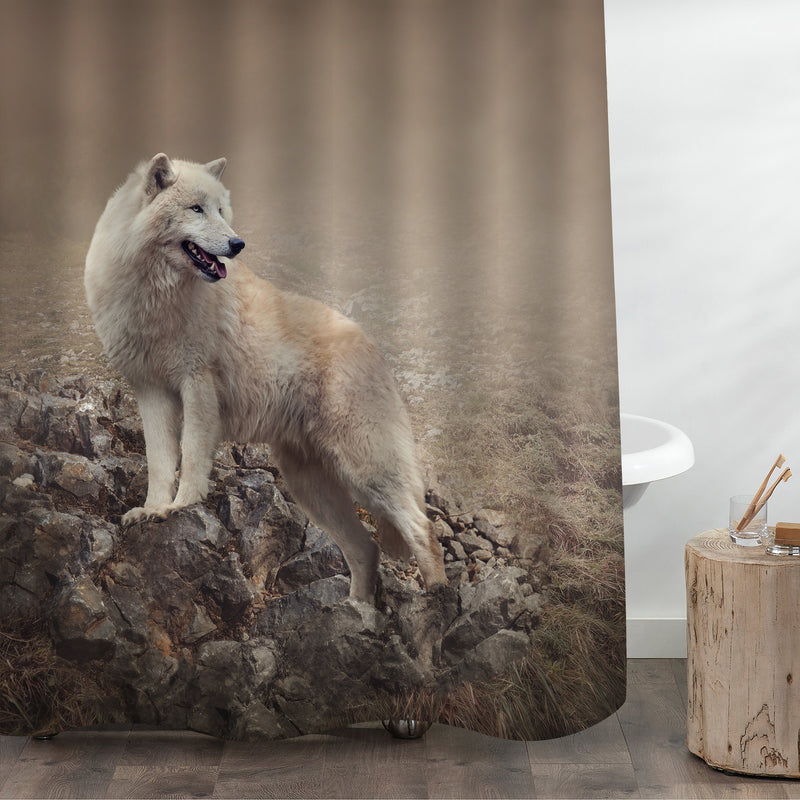 White Wolf Standing on Top of the Rock Shower Curtain - Brown