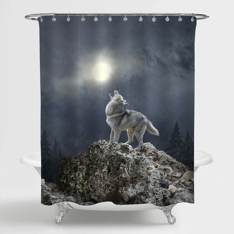 A Gray Wolf Howls to the Moon Shower Curtain - Dark Grey