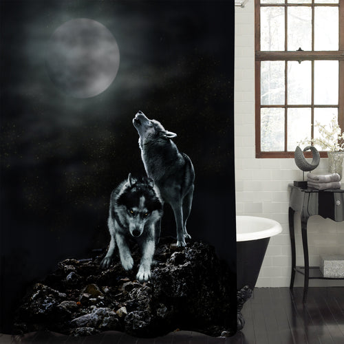 Couple Wolves Howling in the Wilderness with Full Moon Background Shower Curtain - Black