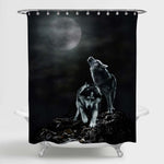 Couple Wolves Howling in the Wilderness with Full Moon Background Shower Curtain - Black