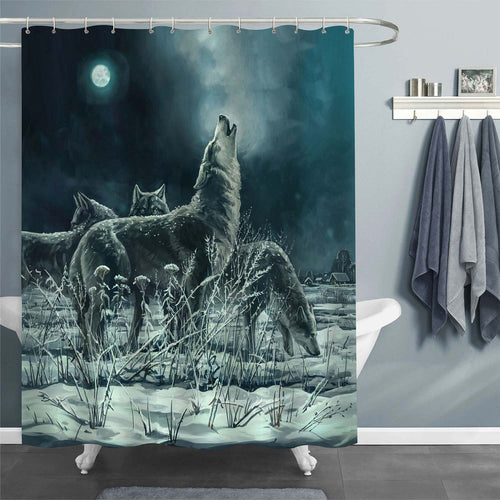 Flock of Wolves at Night Shower Curtain - Green Grey