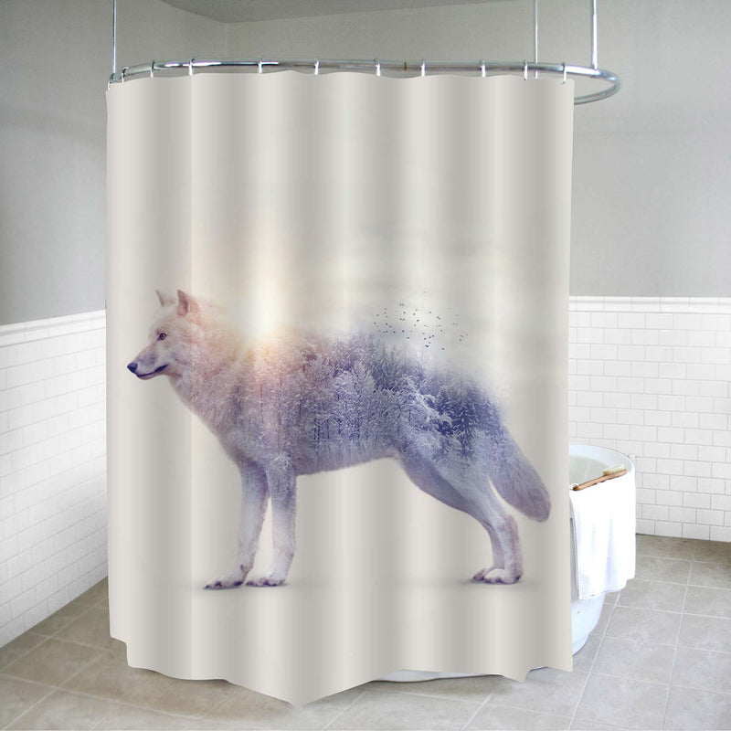 Double Exposure with an Arctic Wolf and Winter Forest Shower Curtain - Grey