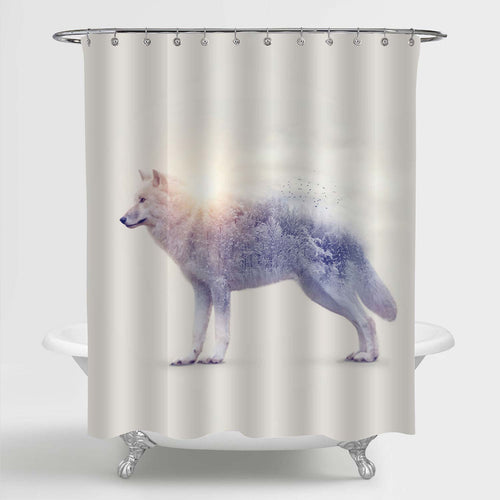 Double Exposure with an Arctic Wolf and Winter Forest Shower Curtain - Grey