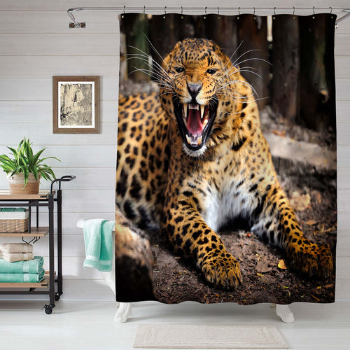 Angry Leopard Shows Teeth Shower Curtain - Gold