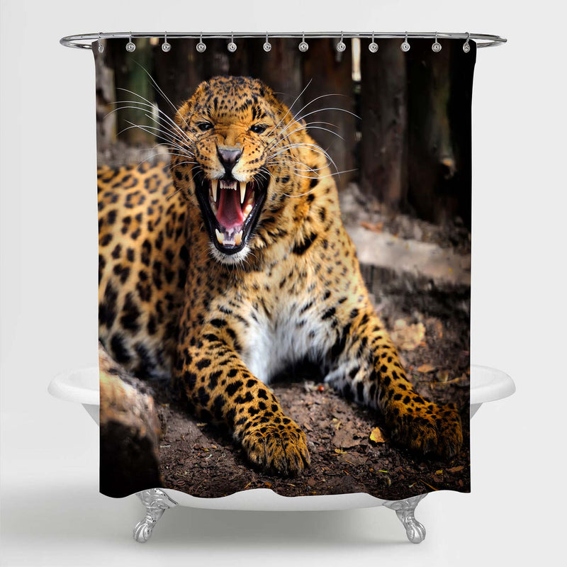 Angry Leopard Shows Teeth Shower Curtain - Gold
