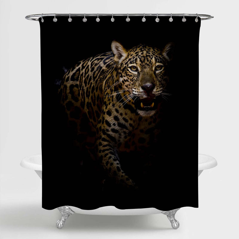 Close Up Portrait of Prowling Leopard with Intense Eyes Shower Curtain - Gold Black