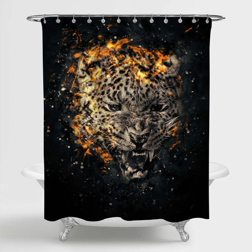 Angry Jaguar in the Fire Shower Curtain - Gold Black