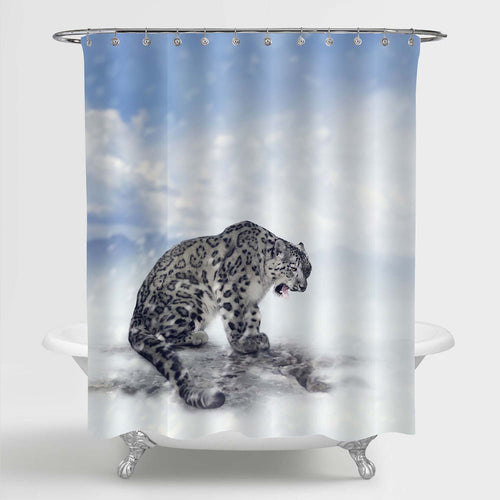 Snow Leopard Sitting on the Rock Shower Curtain - Grey Blue