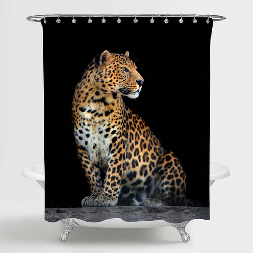 Sitting Leopard Portrait Shower Curtain - Gold Black