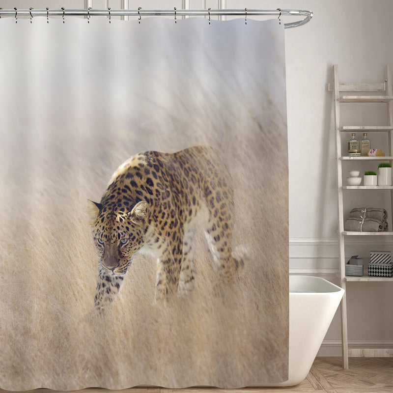 Leopard Walking in the Afriran Grassland Shower Curtain - Gold