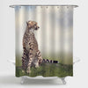 Cheetah Sitting on a Hill and Looking Away Shower Curtain - Gold Green
