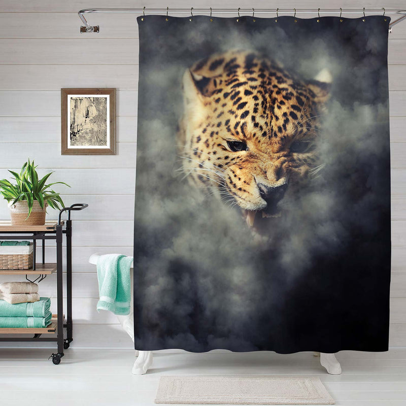 Angry Roaring Leopard Portrait Shower Curtain - Gold Black