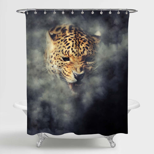 Angry Roaring Leopard Portrait Shower Curtain - Gold Black