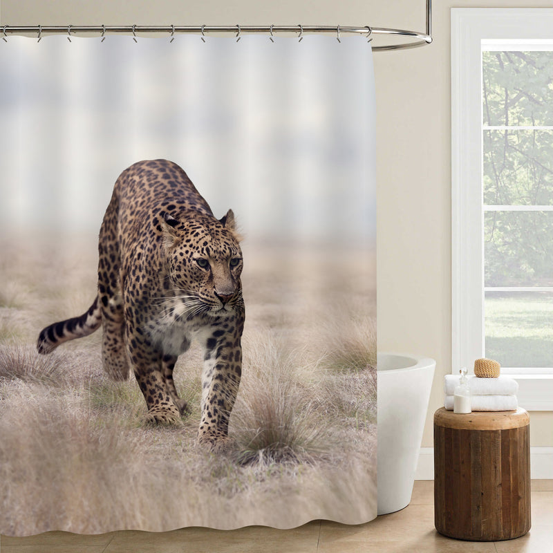 Majestic Leopard Walking in the Grassland Shower Curtain - Gold