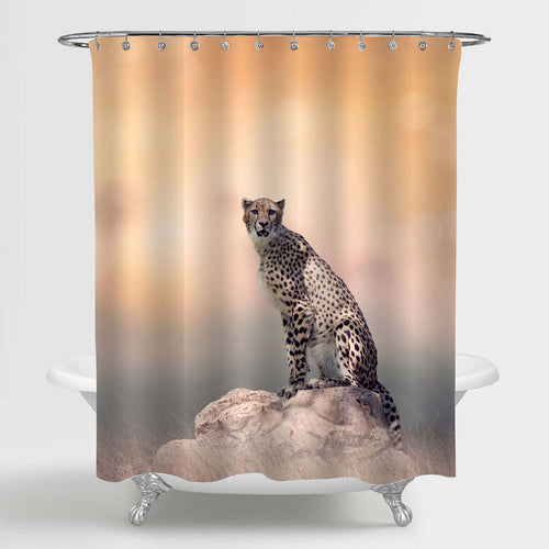 Young Cheetah Sitting on a Rock Shower Curtain - Gold