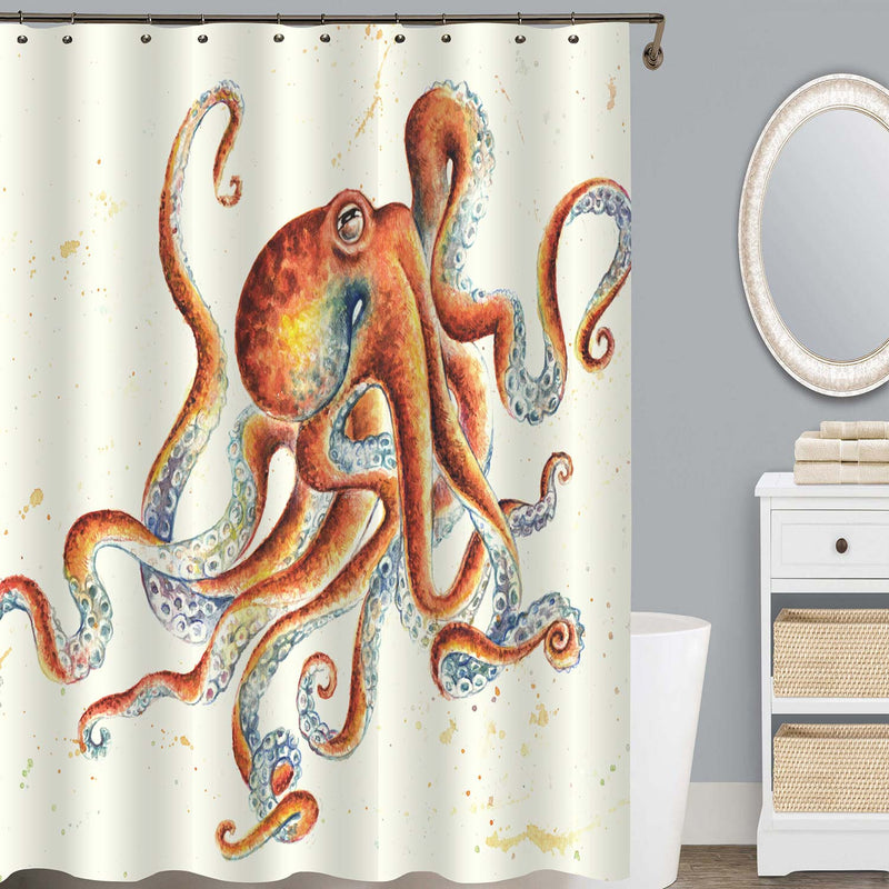 Sketch Watercolor Octoputs Shower Curtain - Coral