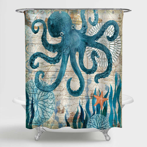 Octopus with Vintage Nautical World Map Shower Curtain - Green