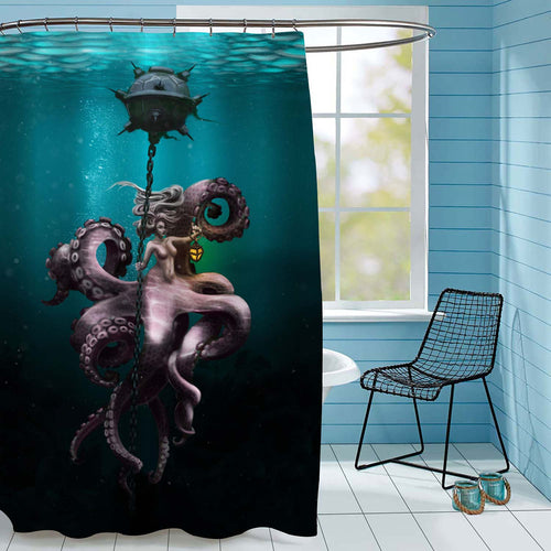 Underwater Octopus Woman with a Lantern Shower Curtain - Green