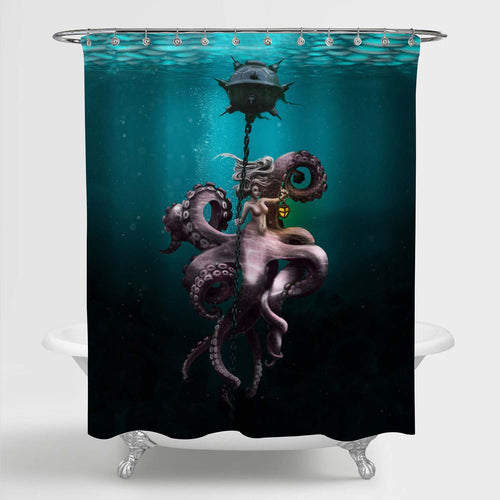 Underwater Octopus Woman with a Lantern Shower Curtain - Green