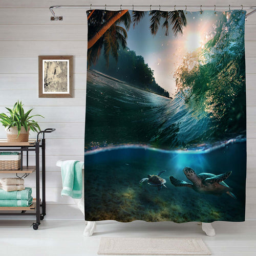 Tropical Paradise Coastal with Palm Trees and Sea Turtles Shower Curtain - Green