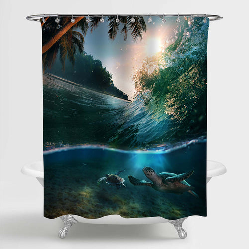 Tropical Paradise Coastal with Palm Trees and Sea Turtles Shower Curtain - Green
