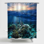 Sea Turtle Floating Up and Over Coral Reef Shower Curtain - Green