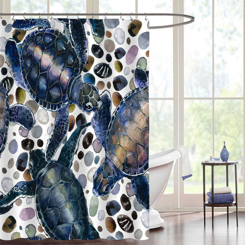 Sea Turtles Playing Pebble Stones Shower Curtain - Dark Blue