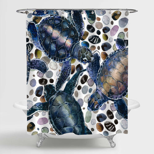 Sea Turtles Playing Pebble Stones Shower Curtain - Dark Blue