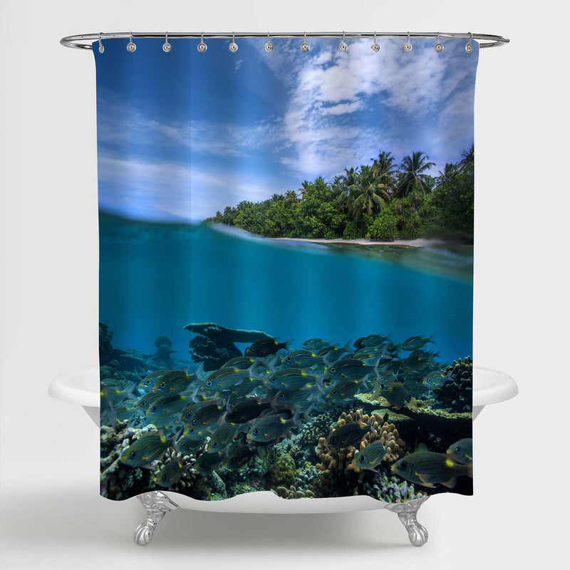 Underwater World with Coral Reef and Fish Shool Shower Curtain - Green Blue