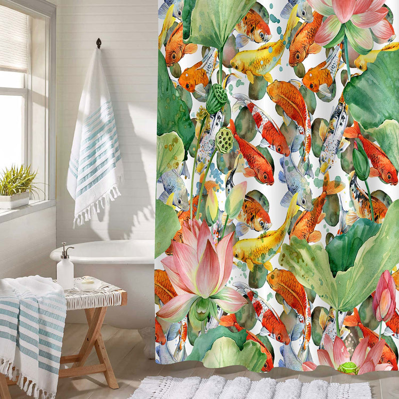 Watercolor Carp Koi with Lotus Flower Shower Curtain - Green Red