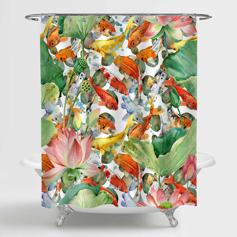 Watercolor Carp Koi with Lotus Flower Shower Curtain - Green Red