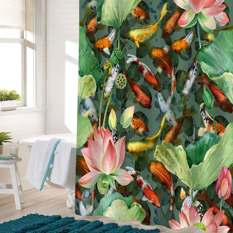 Watercolor Carp Koi Fish with Lotus Florals Shower Curtain - Green Red