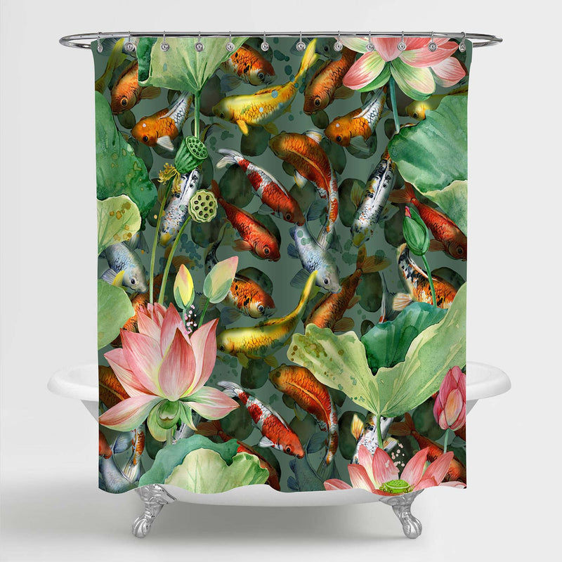 Watercolor Carp Koi Fish with Lotus Florals Shower Curtain - Green Red