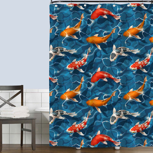 Goldfish with Blue Background Shower Curtain - Blue Red