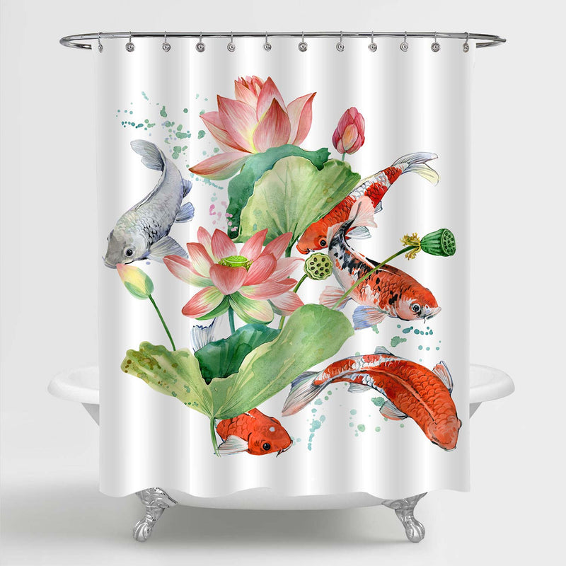 Traditional Koi Carp and Lotus Flower Shower Curtain - Red Green