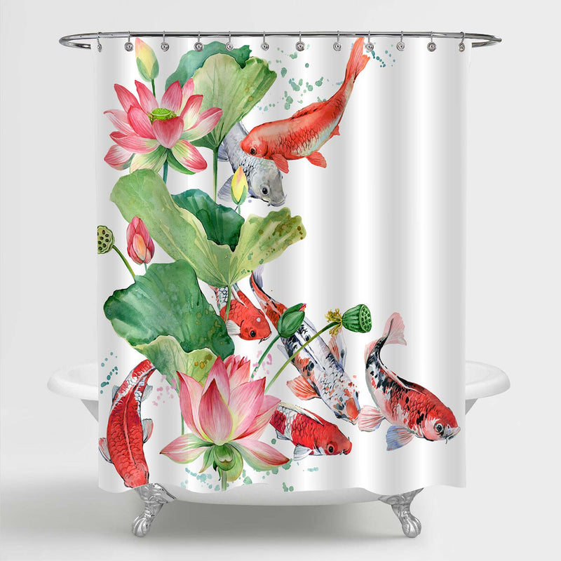 Gold Fishes with Water Lily Shower Curtain - Red Green