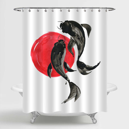 Japanese Traditional Ink Painting of Fish Shower Curtain - Red Black