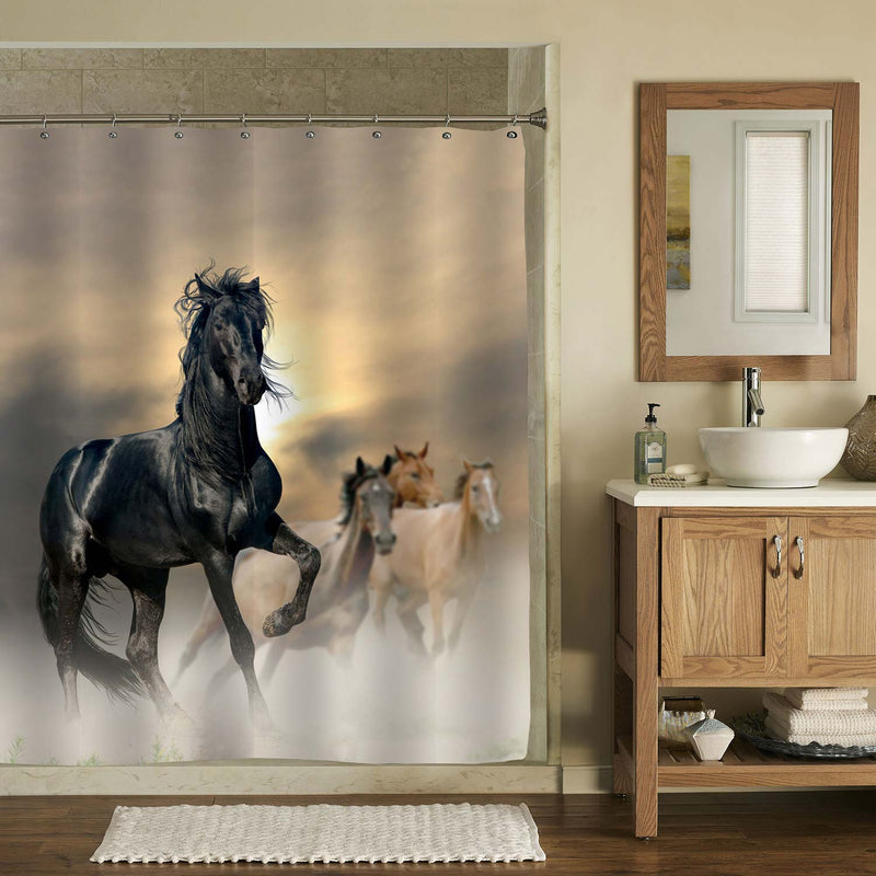 Horses Running in Grassland Shower Curtain - Black Brown