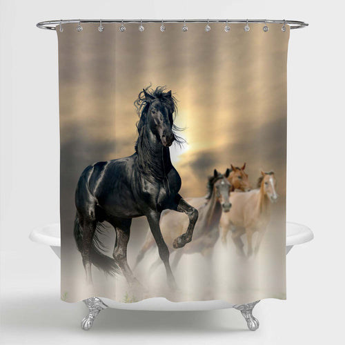 Horses Running in Grassland Shower Curtain - Black Brown