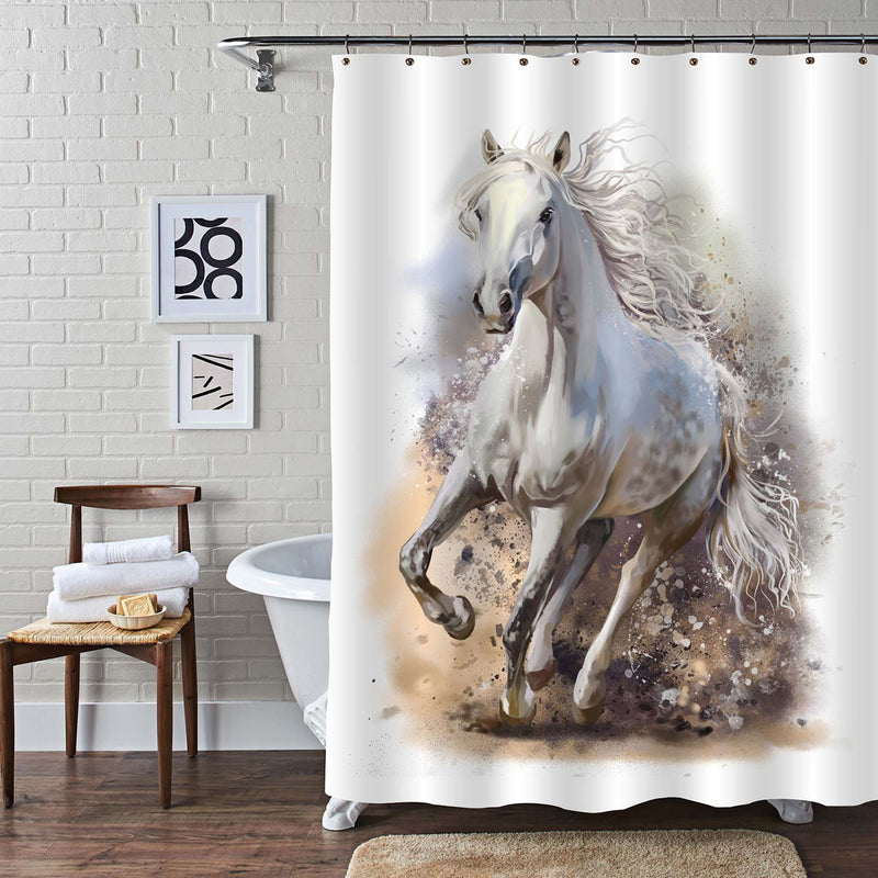 Watercolor White Horse Runs in Dust Shower Curtain