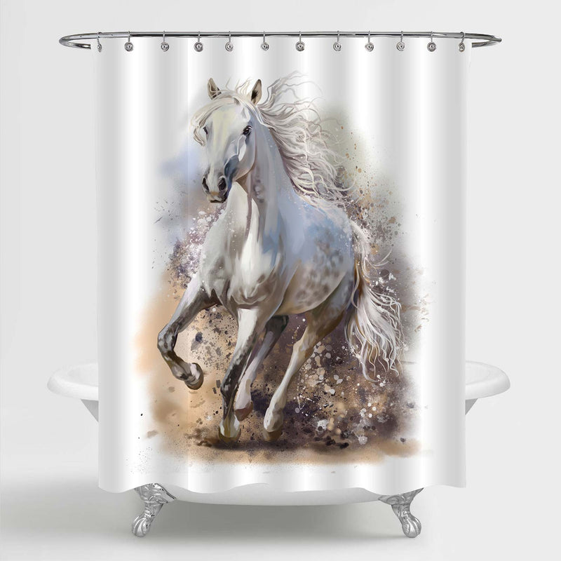 Watercolor White Horse Runs in Dust Shower Curtain