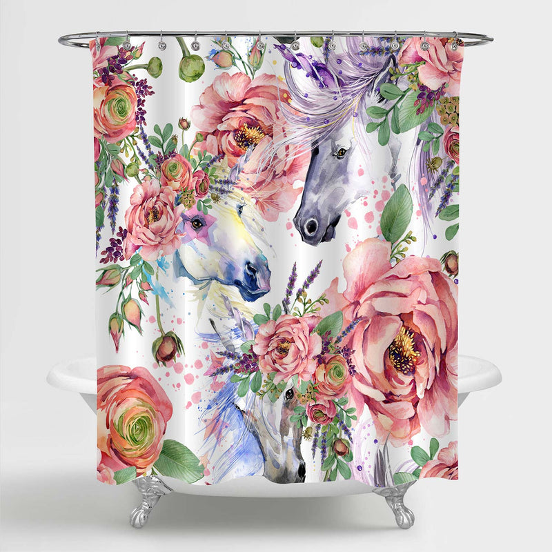 Magic Unicorn with Florals Shower Curtain- Pink