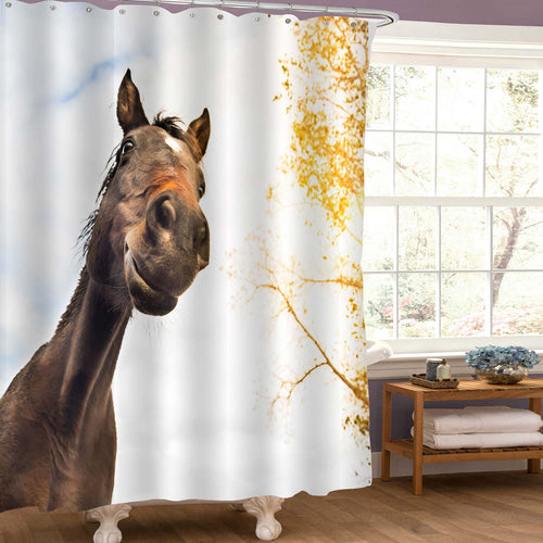 Funny Horse Face Against Sky and Tree Shower Curtain - Brown