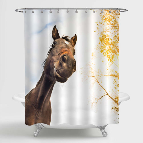 Funny Horse Face Against Sky and Tree Shower Curtain - Brown